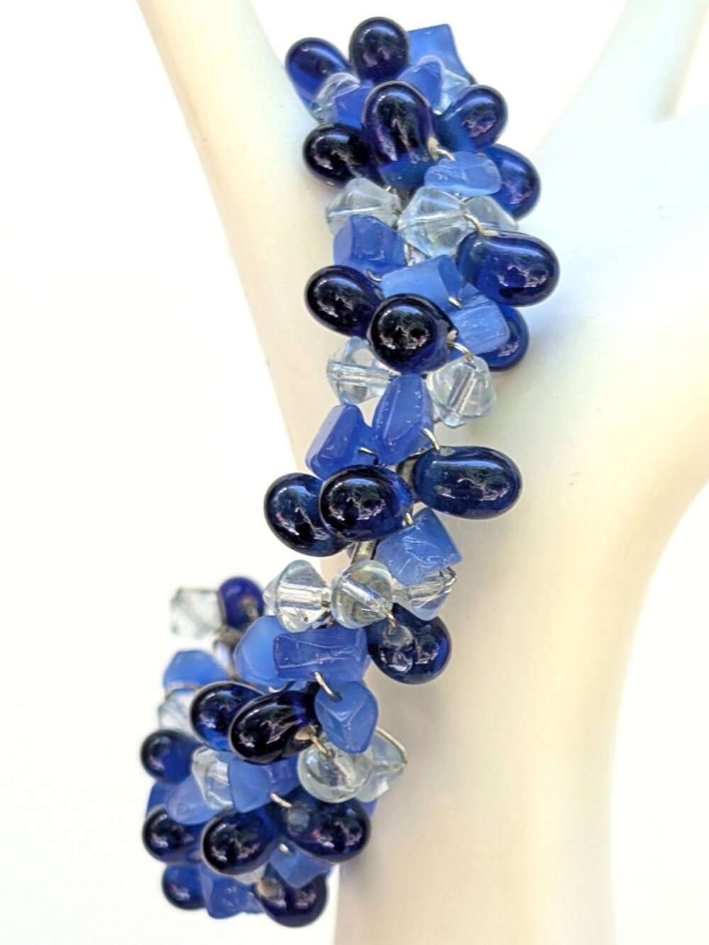 Shades of blue and clear glass beaded cuff bracelet